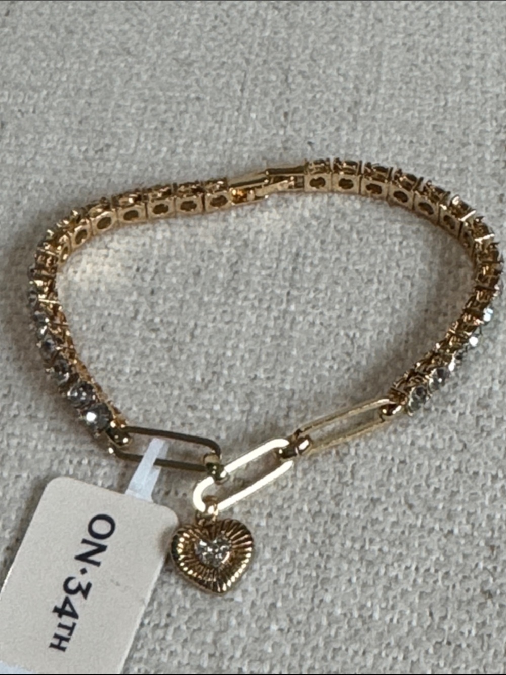 Gold Crystal Tennis Bracelet with Heart Charm